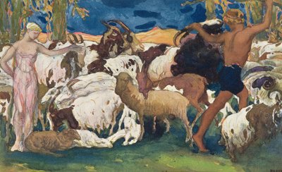 Daphnis und Chloe sagen sich Gute Nacht, Entwurf für ein dekoratives Paneel, aus Daphnis und Chloe, ca. 1912 von Leon Bakst